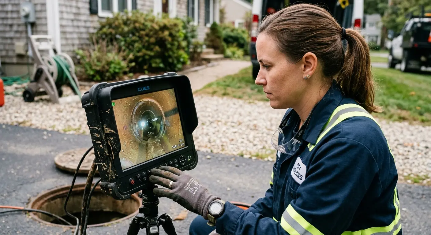 Technician reviewing sewer camera inspection footage in Sunset Hills