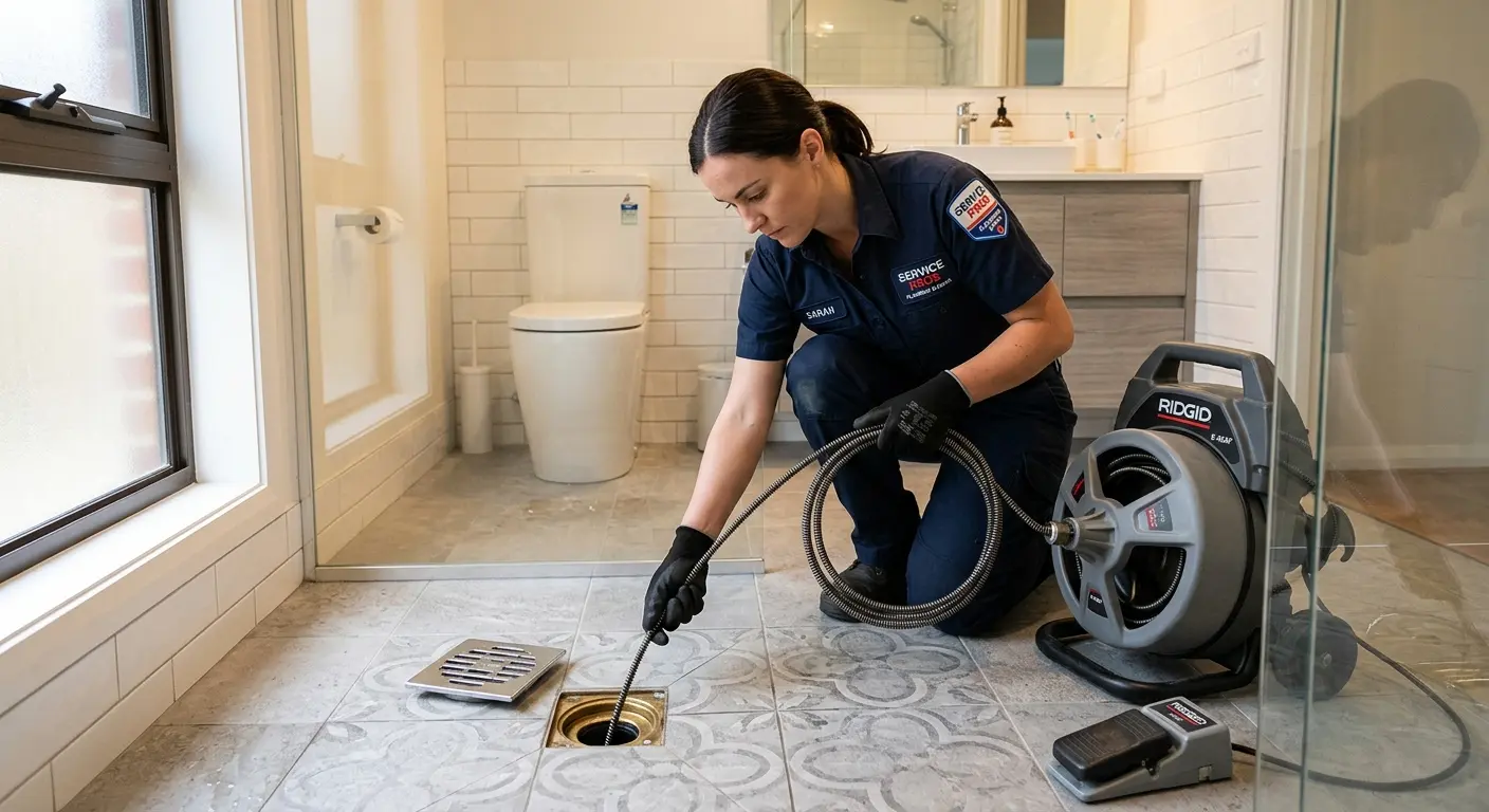 Technician clearing a bathroom floor drain for Drain Repair in Sunset Hills